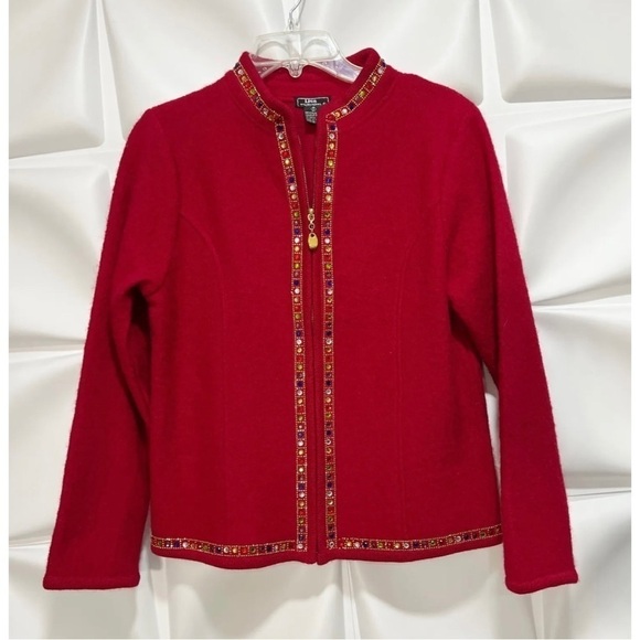 Lisa International Sz S 100% Boiled Wool Red Rhinestone Zip Up Cardigan Sweater - Picture 4 of 6